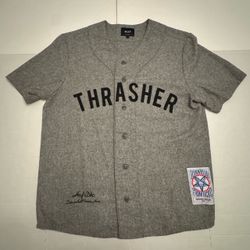 Pre Owned Good HUF x Thrasher Baseball Jersey Button Wool Embroidered Gray Black Men Size Large
