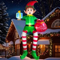 10FT Christmas Inflatable Outdoor Decoration, Sitting Elf Inflatable LED LIghts