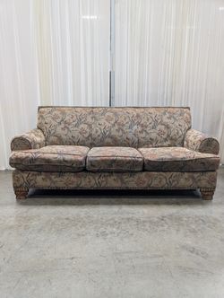 Traditional Patterned Fabric Rolled Arm Couch with Nailhead Trim