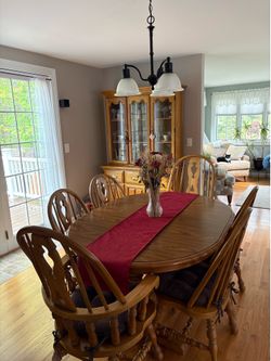 Cochrane Solid Oak Dining Set – Table, 6 Chairs & Hutch – Ready for Pickup