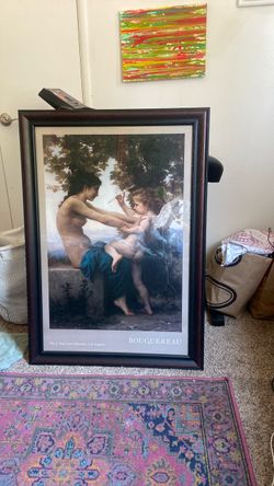 “framed J. Paul Getty Museum poster of William-Adolphe Bouguereau’s A Young Girl Defending Herself against Love.”