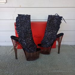 Black Glitter Smoke Tinted 7" Open Toe/Heel Lace Up Ankle Boot size 7