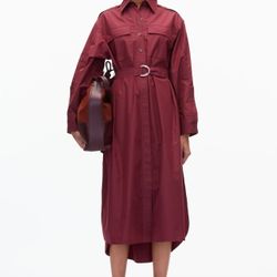 3.1 Phillip Lim long sleeve maxi shirt dress in a rich brick red tone.