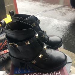 Marc Fisher Black Combat Boots with Gold Studs and Strap Size 3