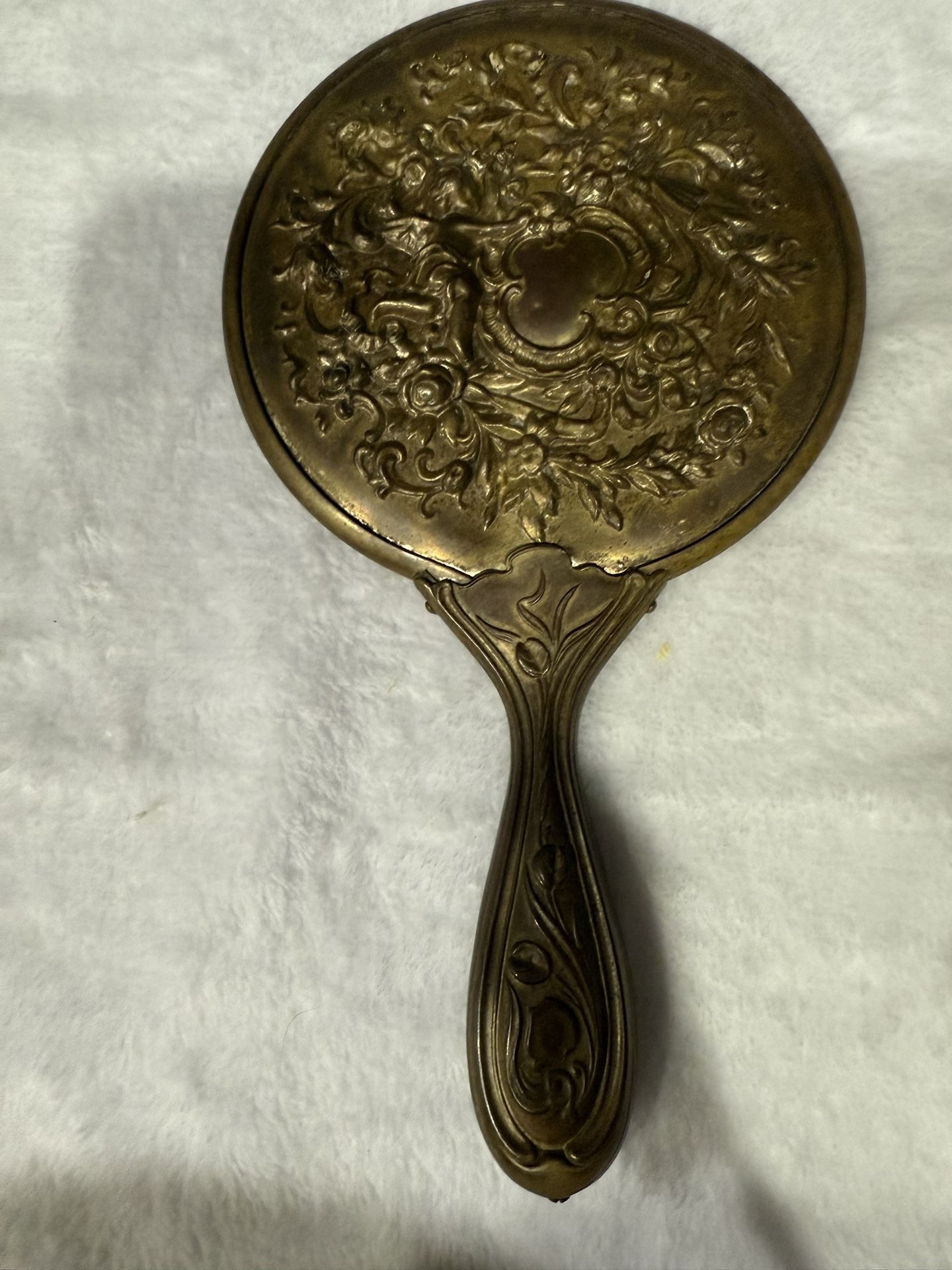 Victorian Carved Cherub Angel Hand Held Vanity Mirror