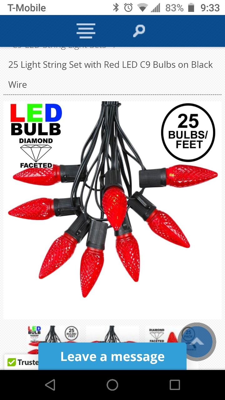 Christmas Lights. 25 feet 25 light LED red c9 super bright