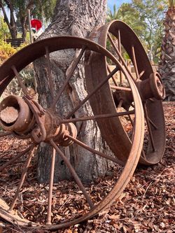Antique 28” Heavy Iron Wagon Wheels – Thick Rims – Rare Pair