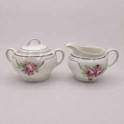 Antique Zeh Scherzer Bavaria Hand Painted Pink Rose Sugar Bowl & Creamer Set