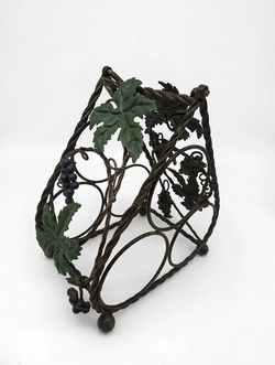 Vintage Wrought Iron Wine Rack with Grapevine Leaves and Grape Clusters, 3-Bottle Tabletop Holder