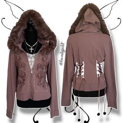 Vintage Y2K Brown Faux Fur Hooded Jacket with Lace-up Back & Rhinestone Details