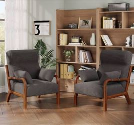 34.7 in. H Grey Modern Armchair Upholstered Accent Chair with High Back and 2 Armrest Pillows (Set of 2)