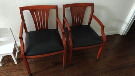 Set of 2 Wood Arm Chairs with Black Cushions