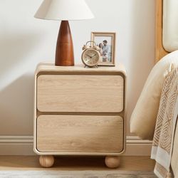 Night Stand with 2 Drawers, Mid Century Modern Nightstands with Solid Wood Legs, 2 Drawer Dresser Curved Profile Design End Table Side Table for Small