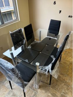 Modern Glass Dining Table Set w/ 6 Chairs