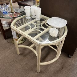 Sale… White Rattan Glass Top End Table