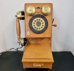 Country Telephone 1927 Vintage Style Rotary Wall Phone Wooden Brass Bells