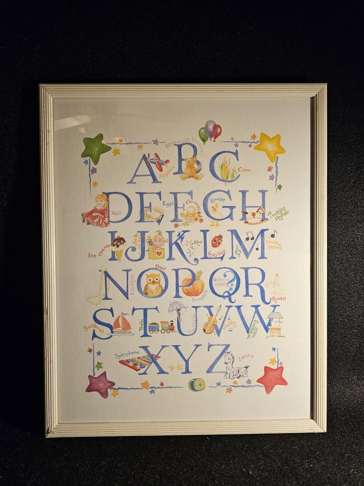 Cute childrens poster style wood framed "ABC Alphabet". Measures "17"x21" and in good condition.