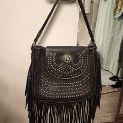 Montana West Black Leather Country Style Purse W Fringe Turquoise And Silver Detail  Western Cowboy