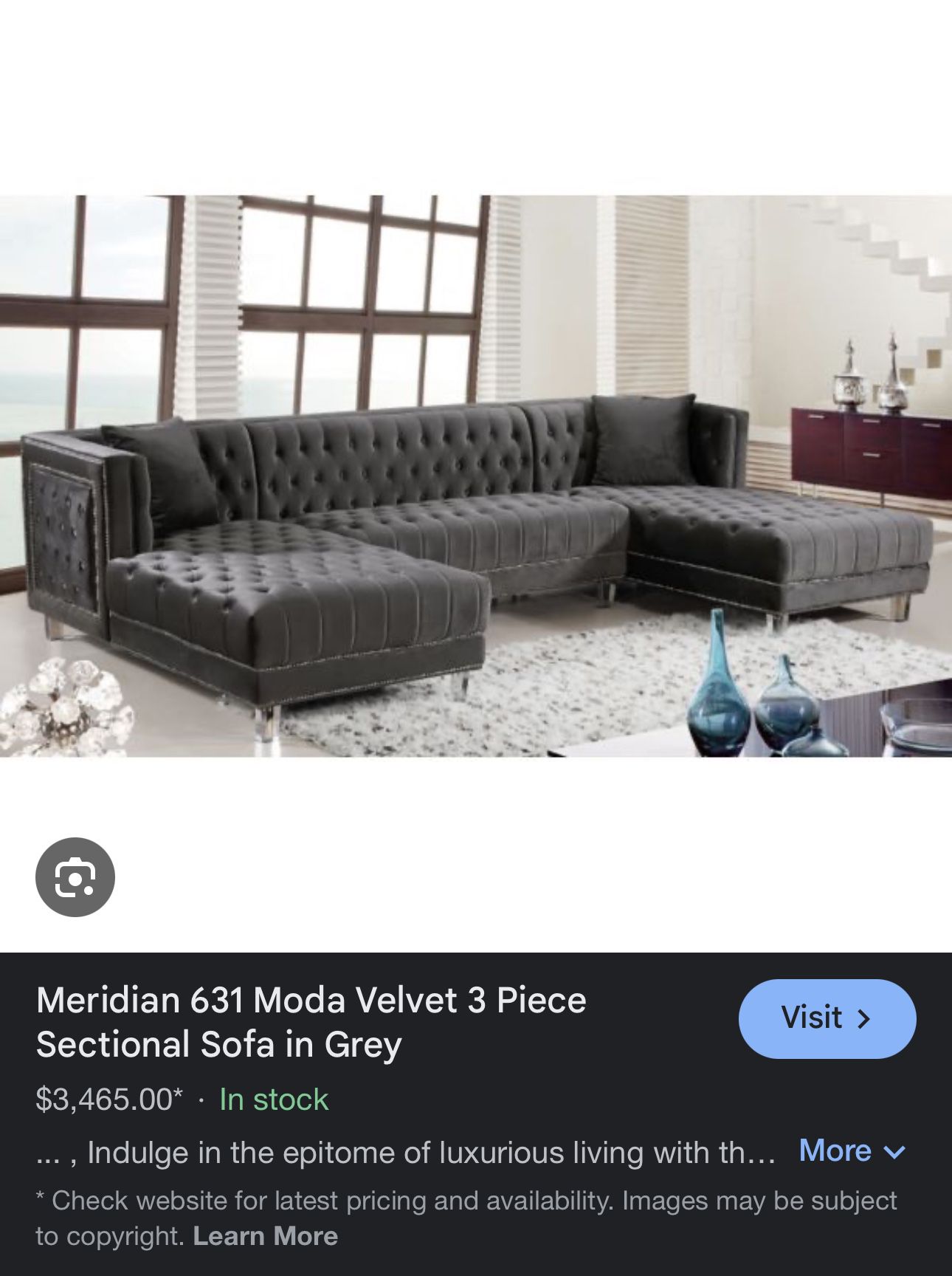 Grey Meridian Velvet Sectional, Pillows, Drapes, Area Rug