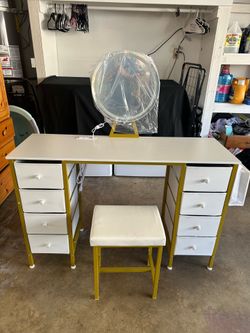Gold Vanity Desk with Mirror and Light- Makeup Vanity Set Table with Chair, Storage, Lighted Mirror, 8 Large Fabric Drawers & Power Outlet, Dressing T