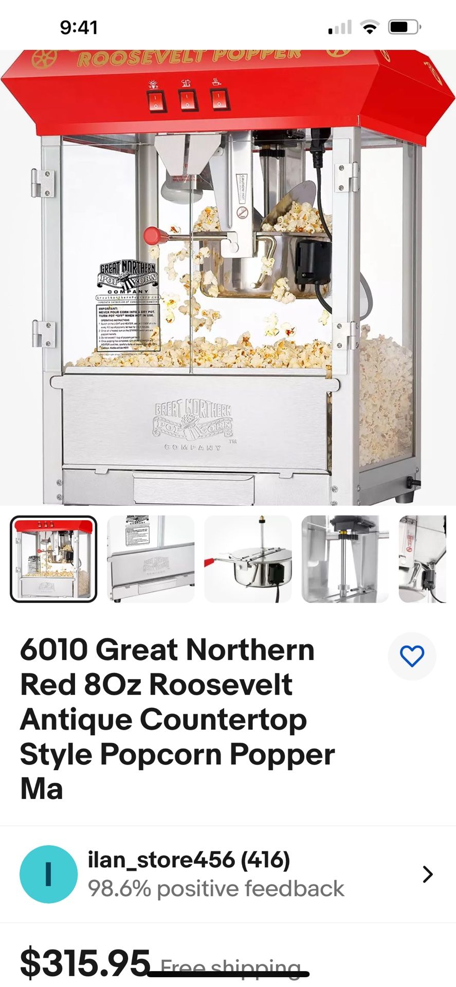 6010 Great Northern Red 80z Roosevelt Antique Countertop Style Popcorn Popper