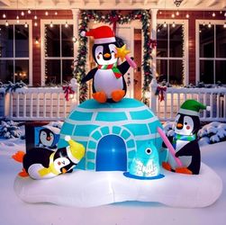 Christmas Fishing Penguins W/ Igloo Inflatable Decoration