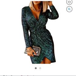 Women Mini Dress Party Cocktail Wedding Formal Long Sleeve V-Neck Solid Color Sequins Sexy Elegant Evening Dress