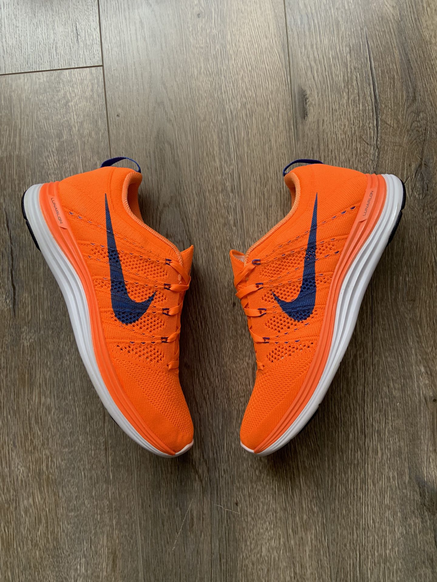 Nike Flyknit Lunar 1 Running Shoes Mens Size 9 Neon Orange Blue Lunar1+