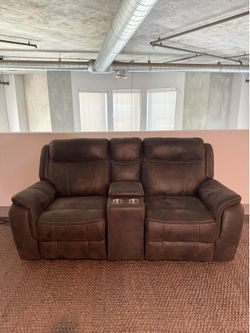 Brown Faux Leather Power Reclining Sofa With Drop Down Table