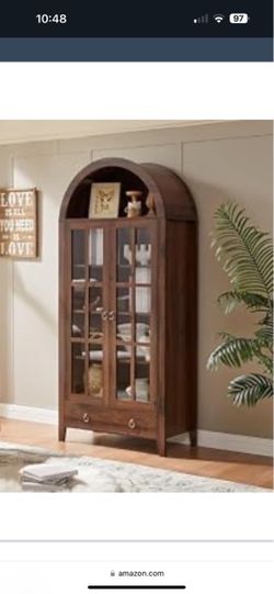 71" Tall Arched Display Cabinet with Glass Doors, 5-Tier Bookshelf