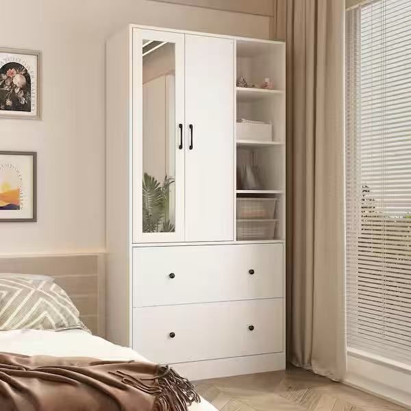 White Wood 35.5 in. W Armoires Wardrobe With Mirror, Pulling Hanging Rod, Drawers, Shelves 15.8 in. D x 70.8 in. H $ 170
