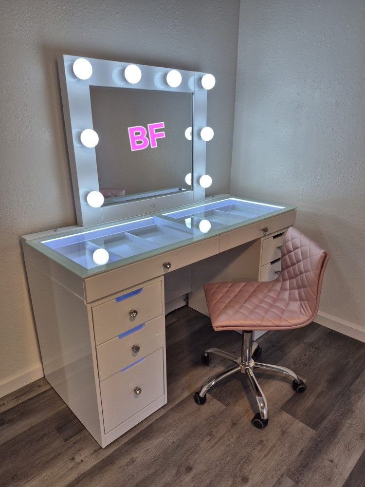 Vanity Desk And Mirror White High Gloss Finish, LED Light, New Especial Price