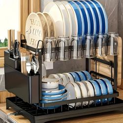 2 Level Dish Drying rack for  kitchen surfaces. Dish drainer with a drain board Metal 2 tier dish drainer