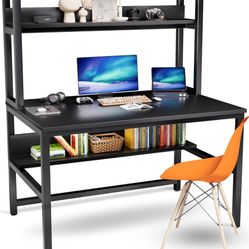 Desk with Hutch and Bookshelves, Large Leg Room 47 inch Width Black Desk with Space Saving Storage Shelves for Home Office,Study, Work, Easy Assemble 