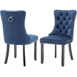 Velvet Dining Chairs Set of 2, Tufted Dining Room Chairs with Nailhead Ring Pull Trim, Upholstered Dining Chairs with Solid Wood Legs for Kitchen Dini