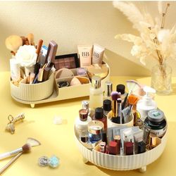 2 Pcs Makeup Perfume Organizer 360 Degree Rotating Makeup Organizer Set Larger Capacity Cosmetic Display Case,Rectangular and Round Divider Storage Tr