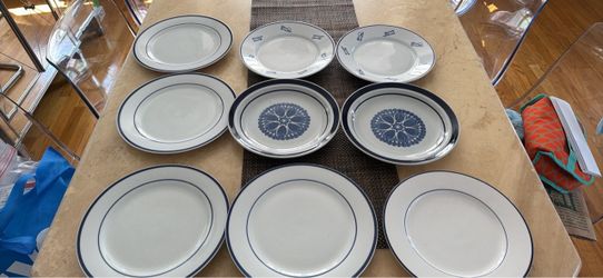 White and Blue Ceramic Dinner Plates Set of 9