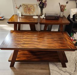 3-Piece Solid Wood Coffee Table Set - Walnut - Rustic / Modern
