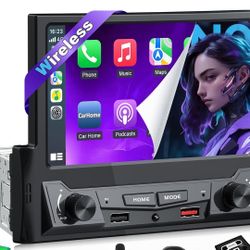 Single Din Flip Out Touchscreen Car Stereo with Wireless Carplay&Android Auto,7 inch IPS Motorized Flip up Screen Upgrade Fast Charging/2.4G+5G Dual W