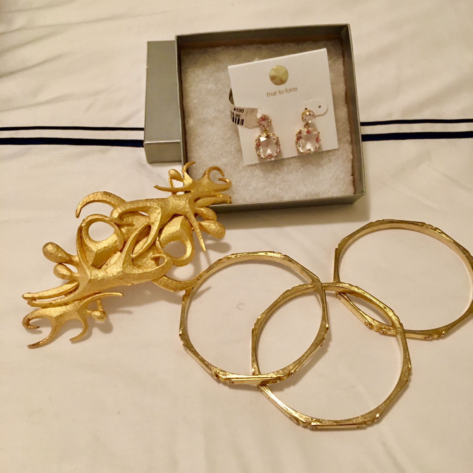 Gold plated three bangles , Hair Clip & cubic zirconium earrings