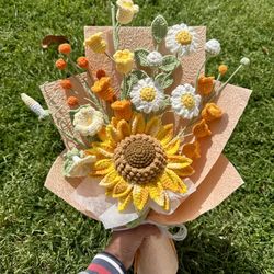 Crochet sunflower and yellow morning glory bouquet