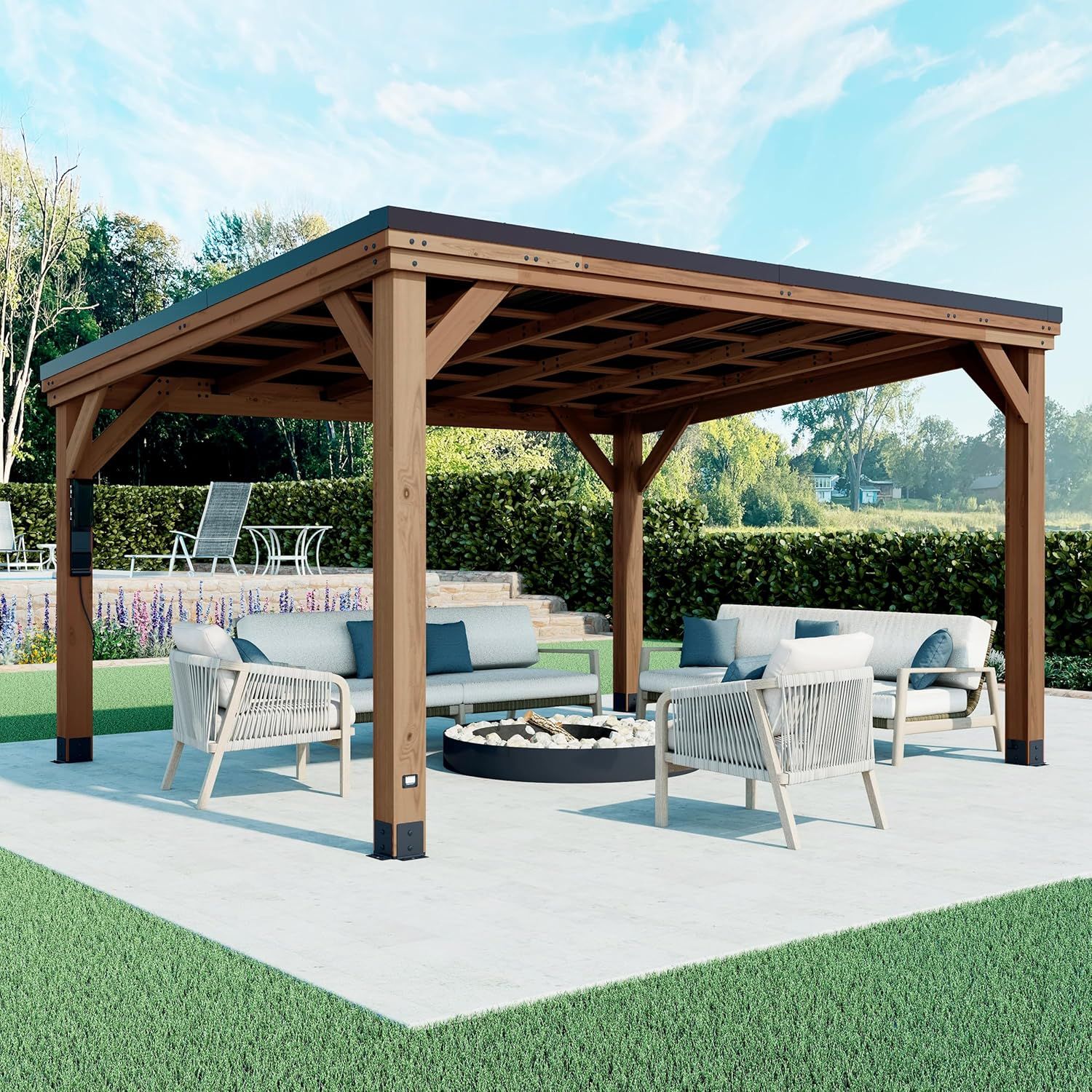 Backyard Discovery Arcadia 14' x 12' Cedar Wood Outdoor Gazebo Pavilion with Hardtop Galvanized Steel Slope Roof