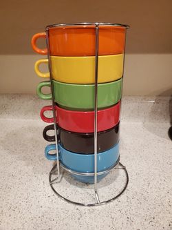 6 Multi Colored Stackable Ceramic Soup Bowls & Countertop Stand (Speak English/Spanish)