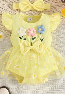 Baby Girl Yellow Daisy Dress with Headband 3-6M