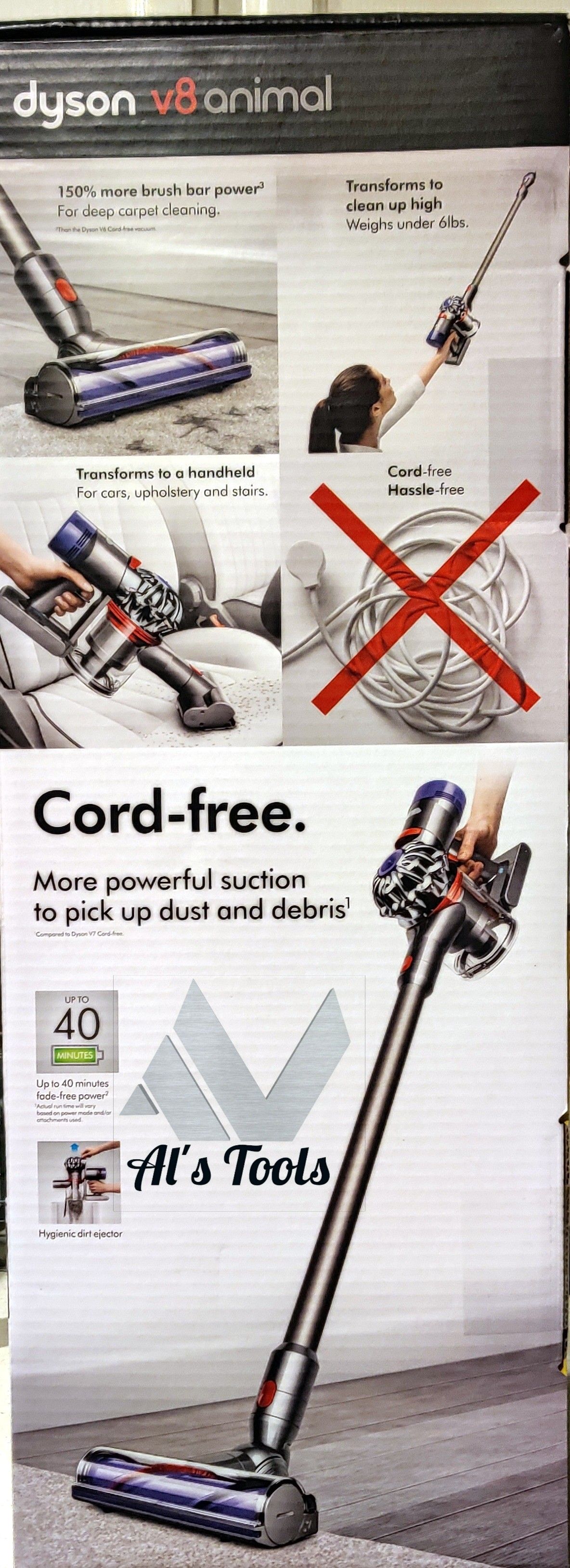 Dyson V8 animal cordless vacuum with 40 minute runtime and HEPA filters