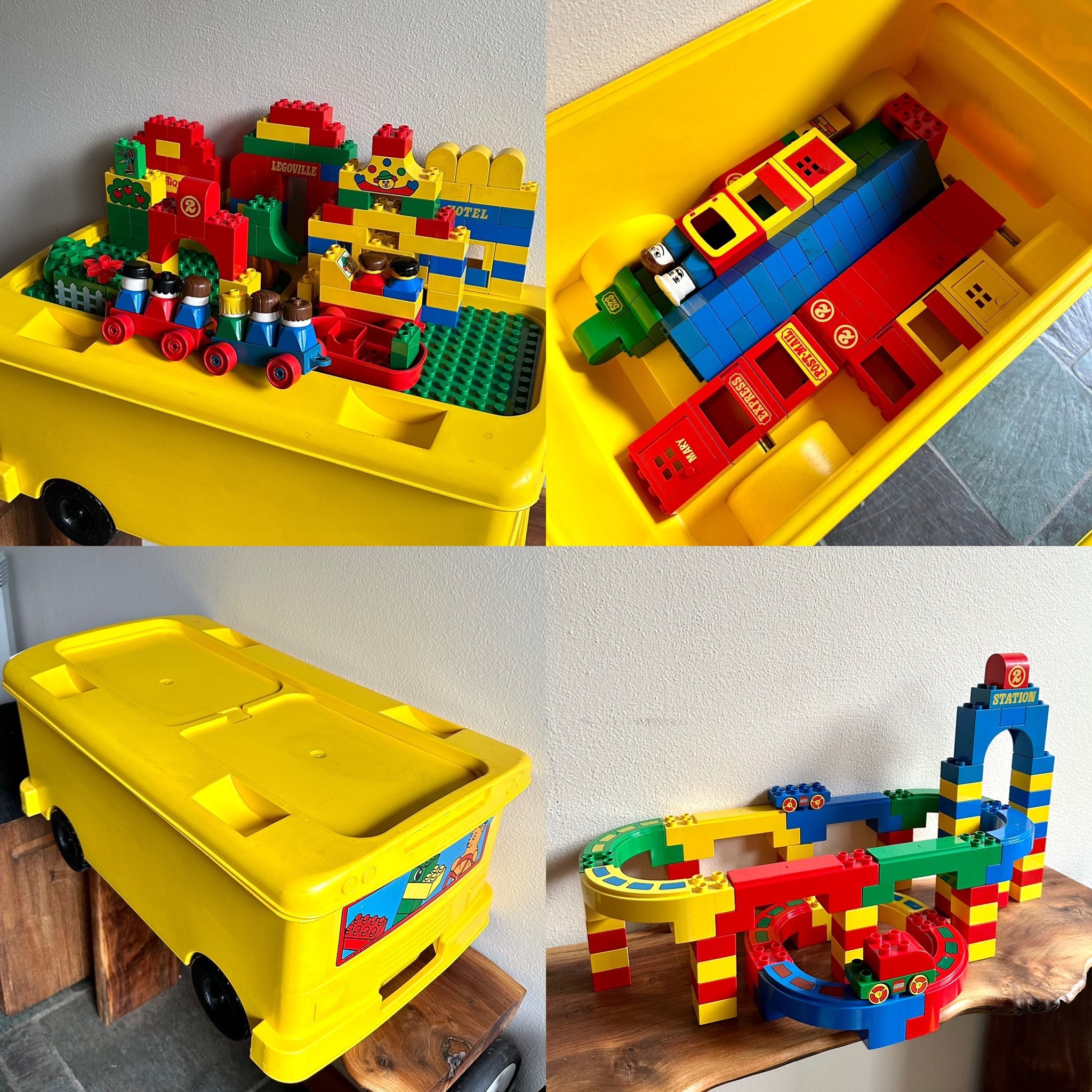 Lego Duplo Ride on School Bus Storage with Legoville Monorail and