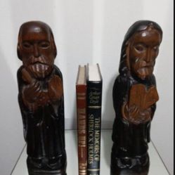 HAND CARVED WOODEN MONK BOOKENDS FIGURINES 14"×4" 