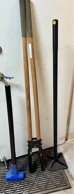 Tools- sledge, post hole digger, and tamper