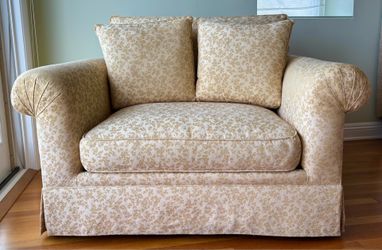 Vintage Easy Chair and a Half Reupholstered in a Soft  Yellow Chinoiserie Fabric