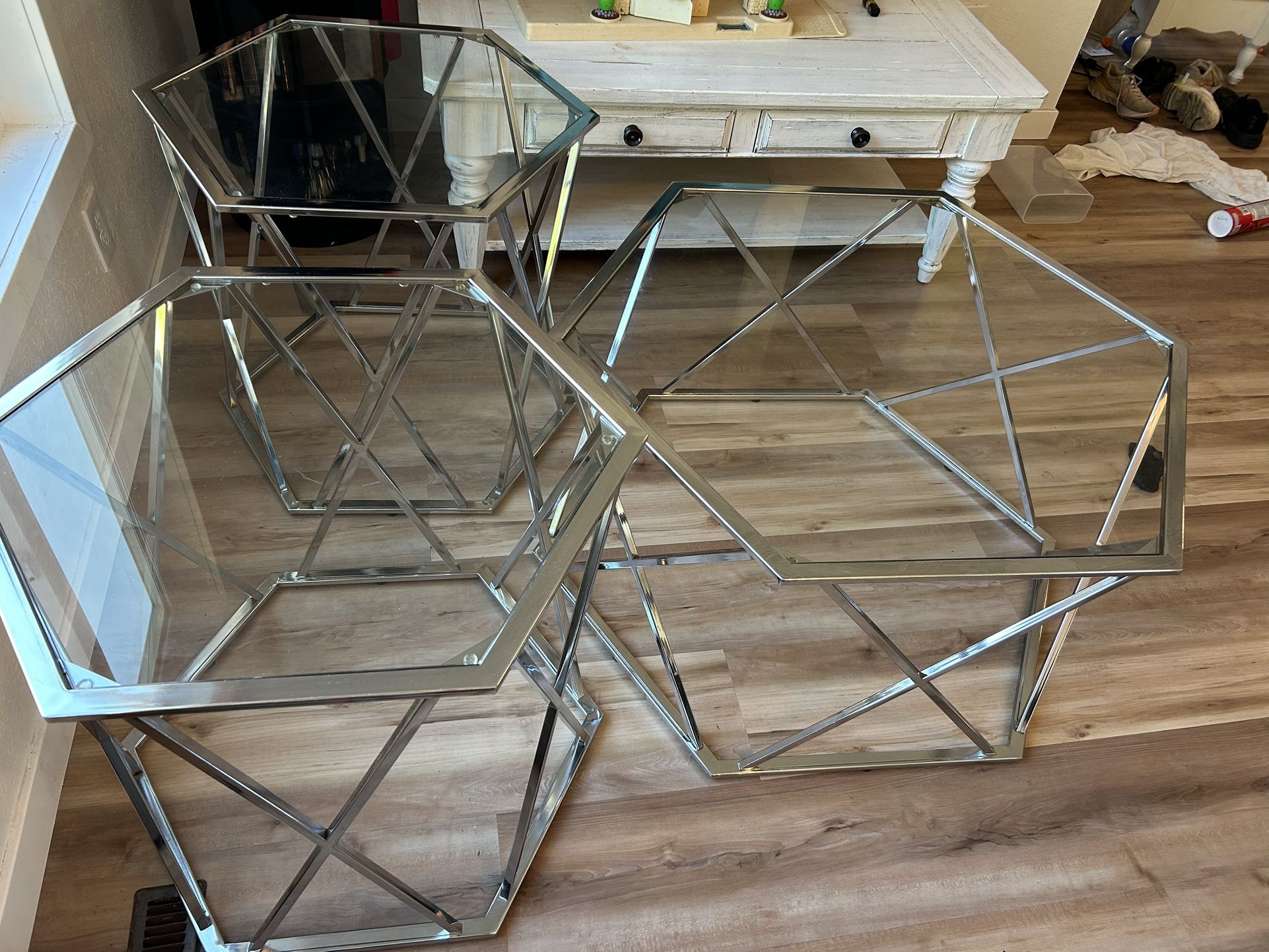 Hexagon Metal & Glass Coffee Table with Matching End Tables – Modern 3-Piece Set